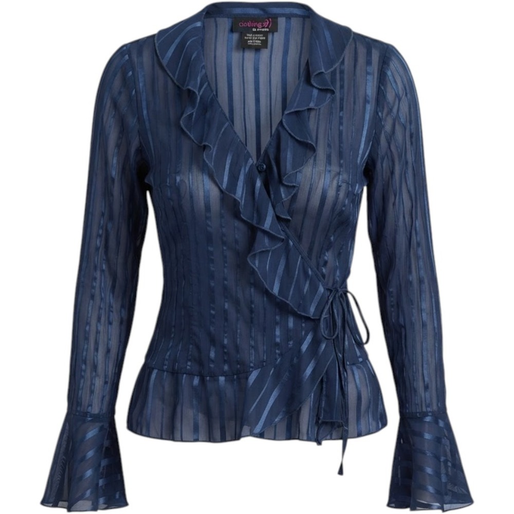 Vintage Blue Striped Crinkle Ruffle Wrap Top Sheer Y2K Bell Sleeve Office Goth M